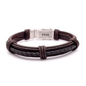 INOX Men's Stainless Steel & Brown Leather 8.5" Bracelet